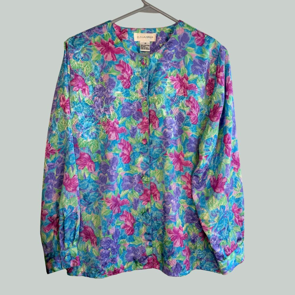 Vintage EJ Harper Floral Satin Maximalist Cottagecore Blouse